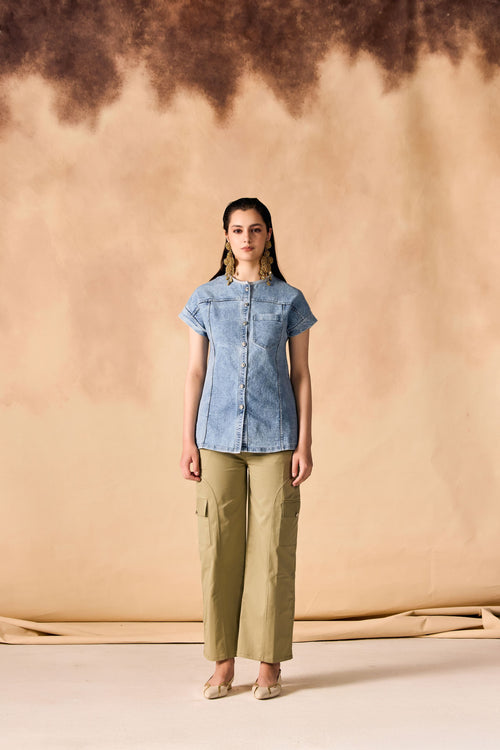 Button-Up Stone Washed Denim Shirt