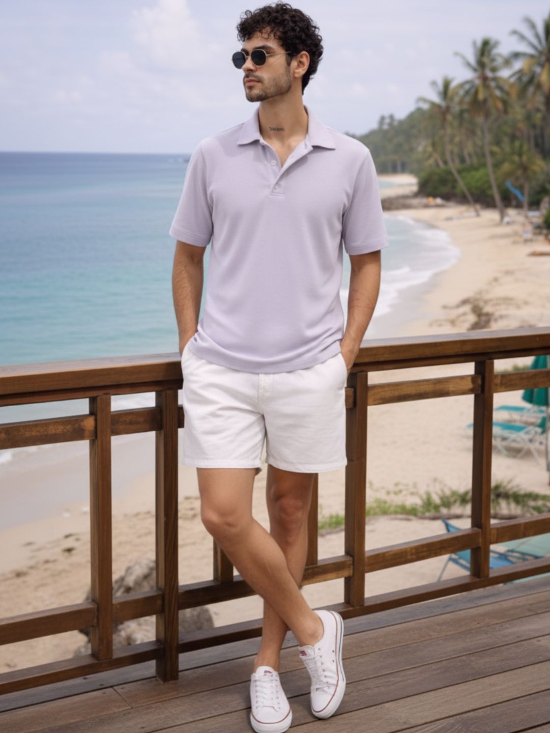 Light Purple Solid Terry Cut Away Collar Regular Fit Polo T-Shirt