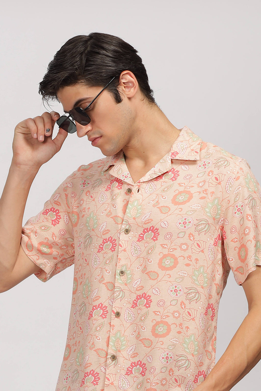 Uri Peach Printed Cuban Collar Shirt Uri