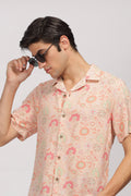 Uri Peach Printed Cuban Collar Shirt Uri