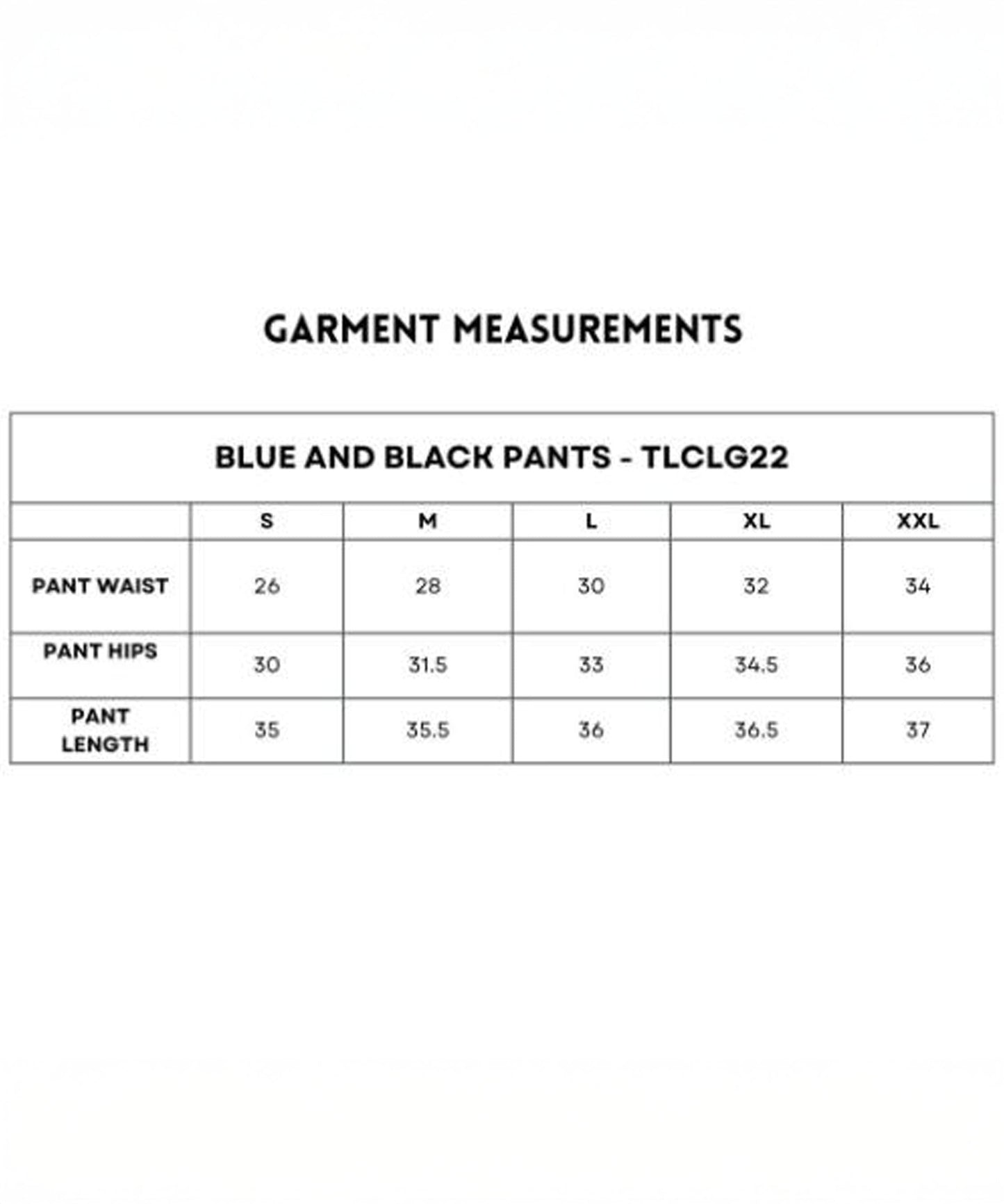 Black and Blue Pants size chart includes waist, hip, and length for S to XXL—ideal for finding your perfect fit in these stylish pants.