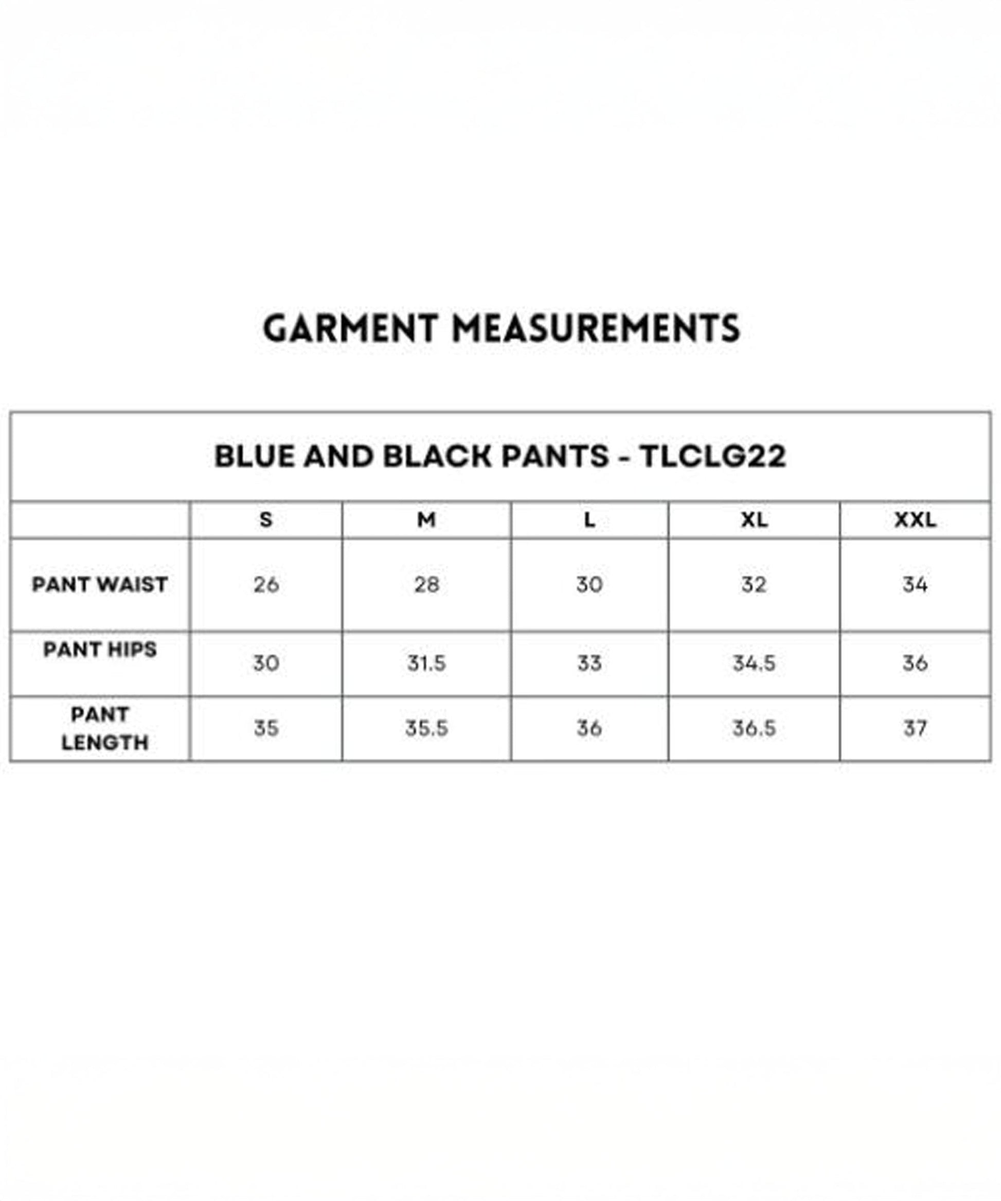 Black and Blue Pants size chart includes waist, hip, and length for S to XXL—ideal for finding your perfect fit in these stylish pants.