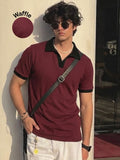 Wine Solid Waffle Cut Away Collar Polo T-Shirt
