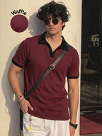 Wine Solid Waffle Cut Away Collar Polo T-Shirt