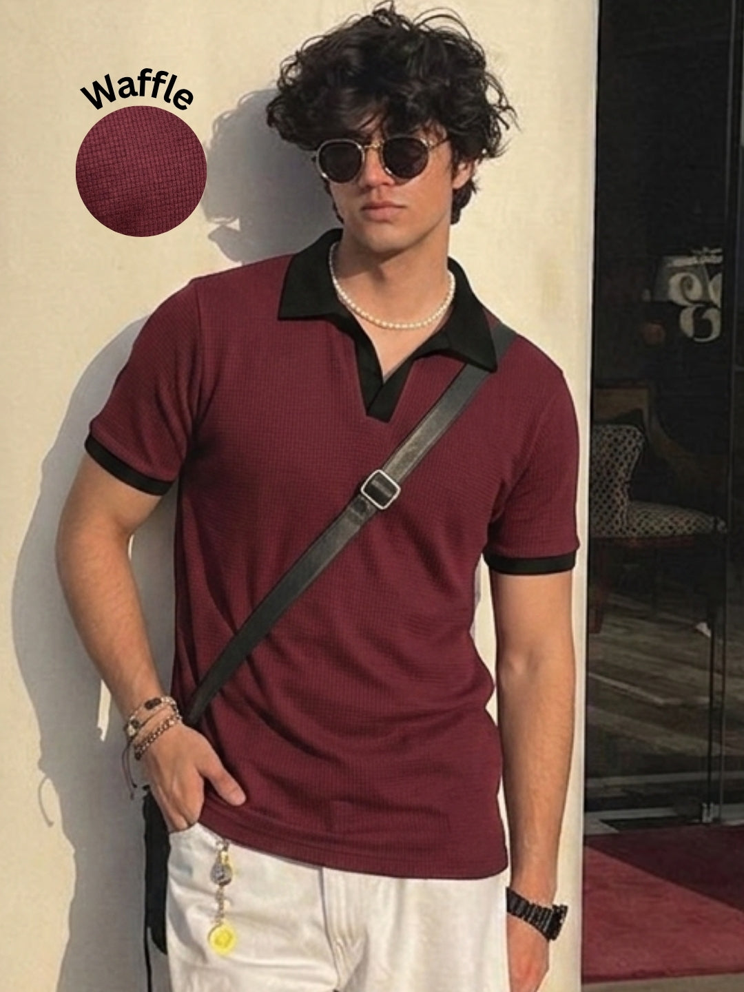 Wine Solid Waffle Cut Away Collar Polo T-Shirt