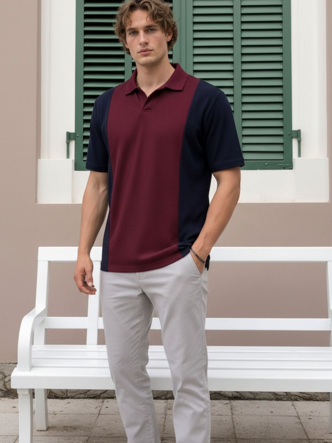 Wine Colorblock Terry Cut Away Collar Polo T-Shirt