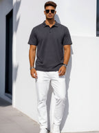 Charcoal Solid Terry Cut Away Collar Regular Fit Polo T-Shirt