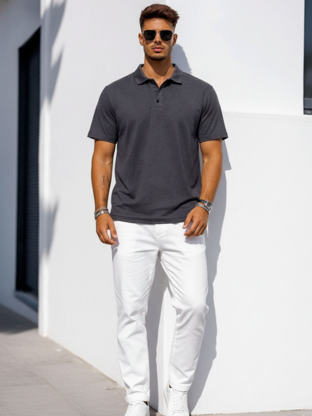 Charcoal Solid Terry Cut Away Collar Regular Fit Polo T-Shirt