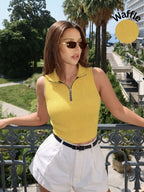 Yellow Waffle Self Textured Sleeveless High Neck Top