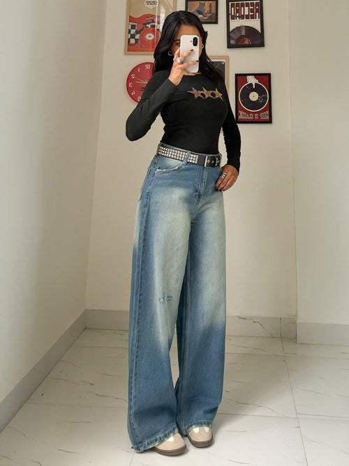 Airy Blue Washed Wide Leg Jeans Stylish Wodrobe