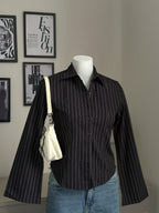 Black Striped Flared Sleeve Fitted Shirt