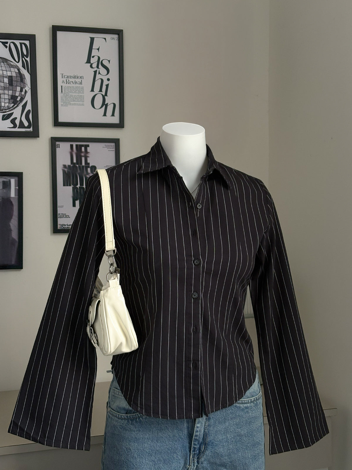 Black Striped Flared Sleeve Fitted Shirt