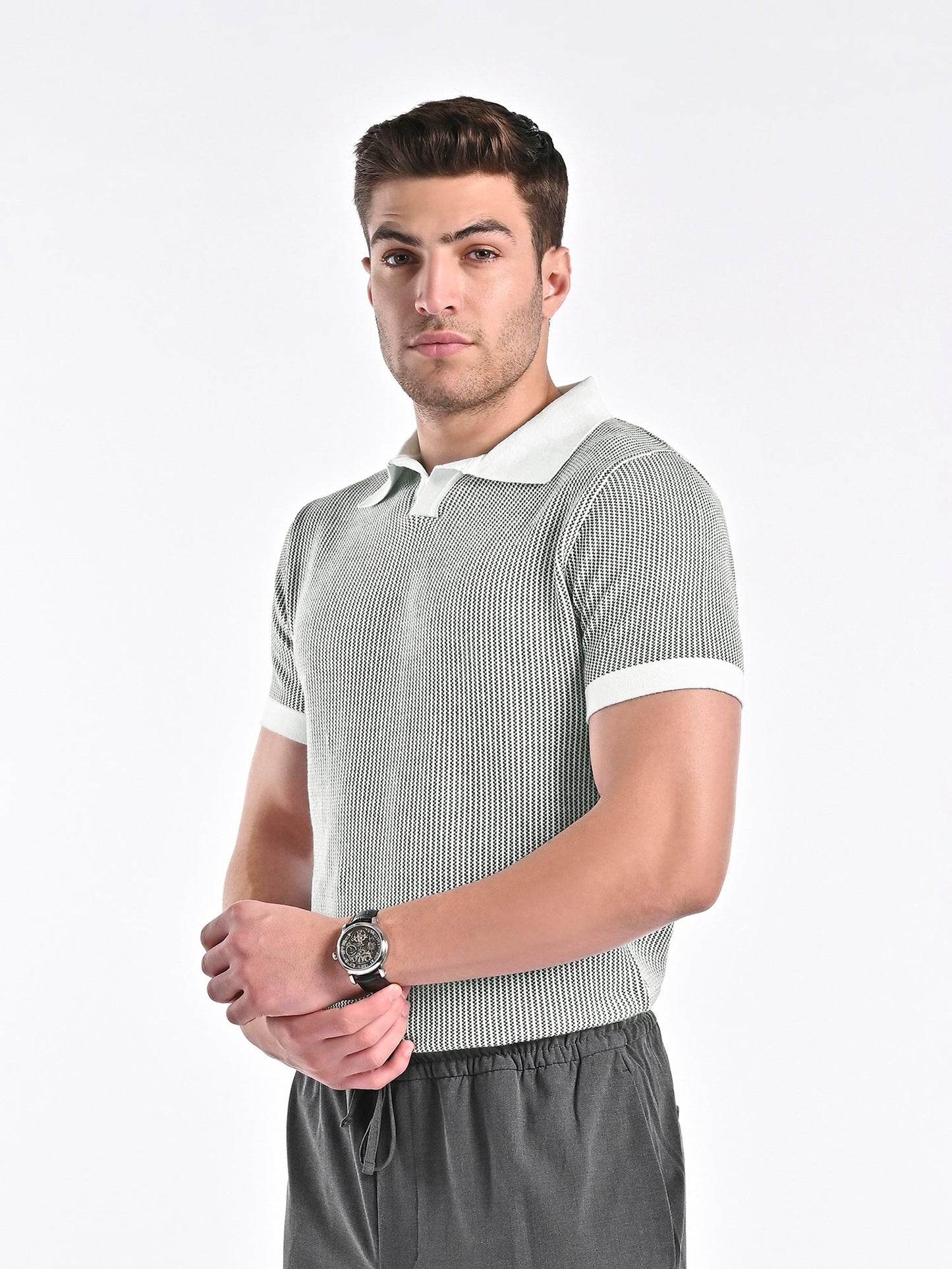 Jacquard Johnny-Collar Knit Polo in Forest Green X White