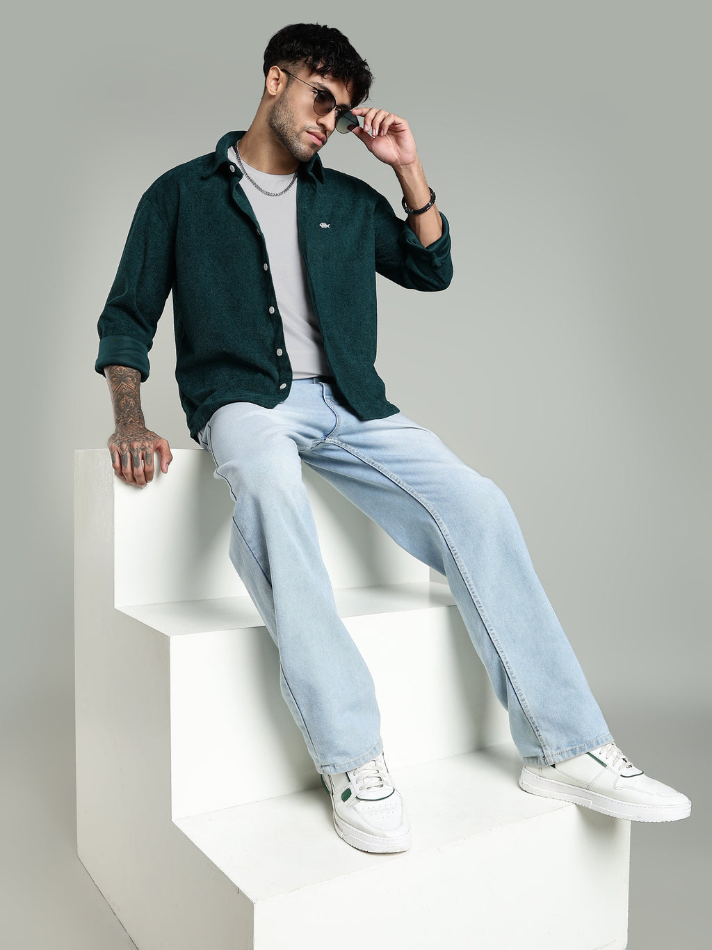 Green Soft Textured Shirt-Relaxed Fit