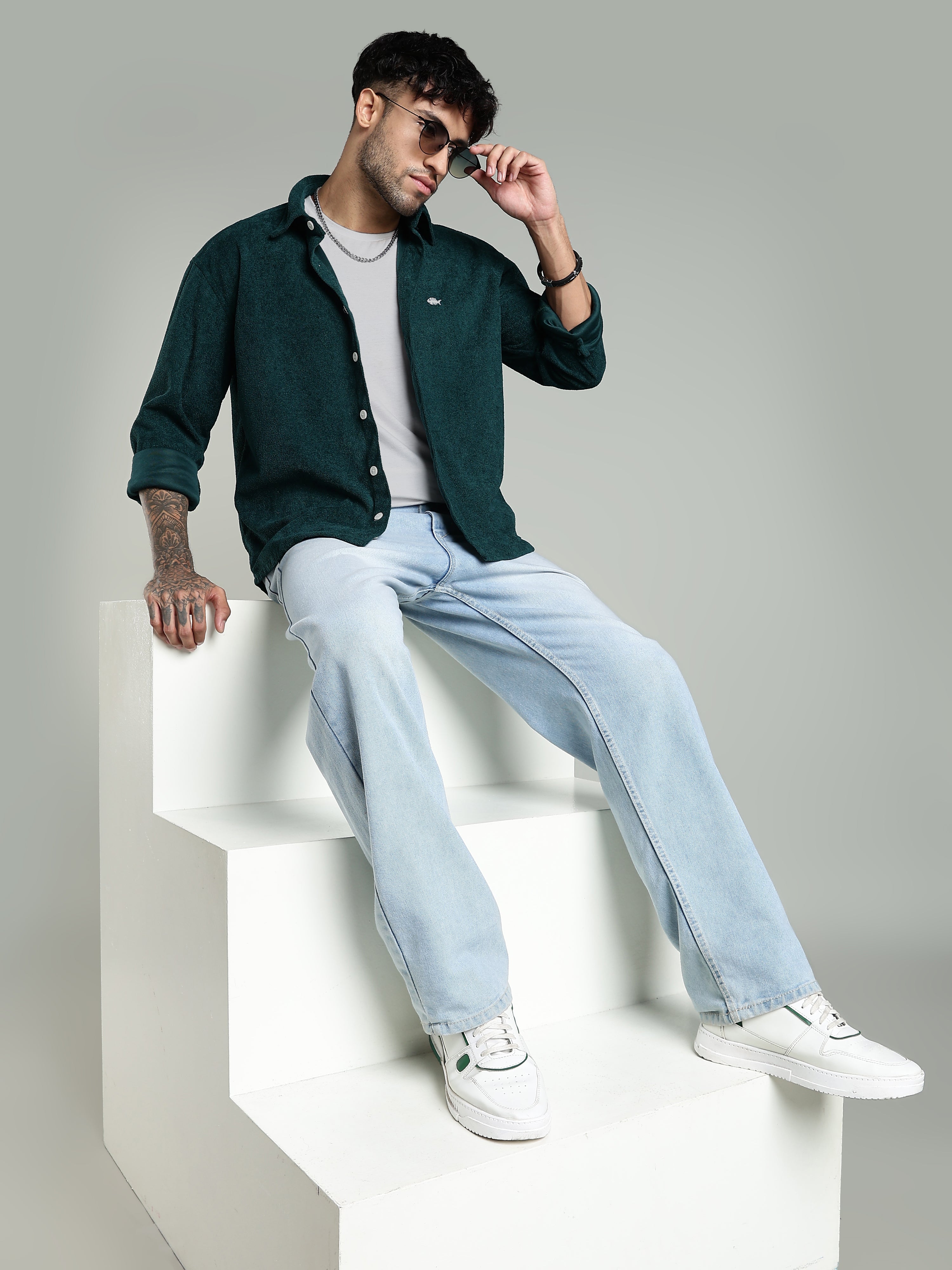 Green Soft Textured Shirt-Relaxed Fit