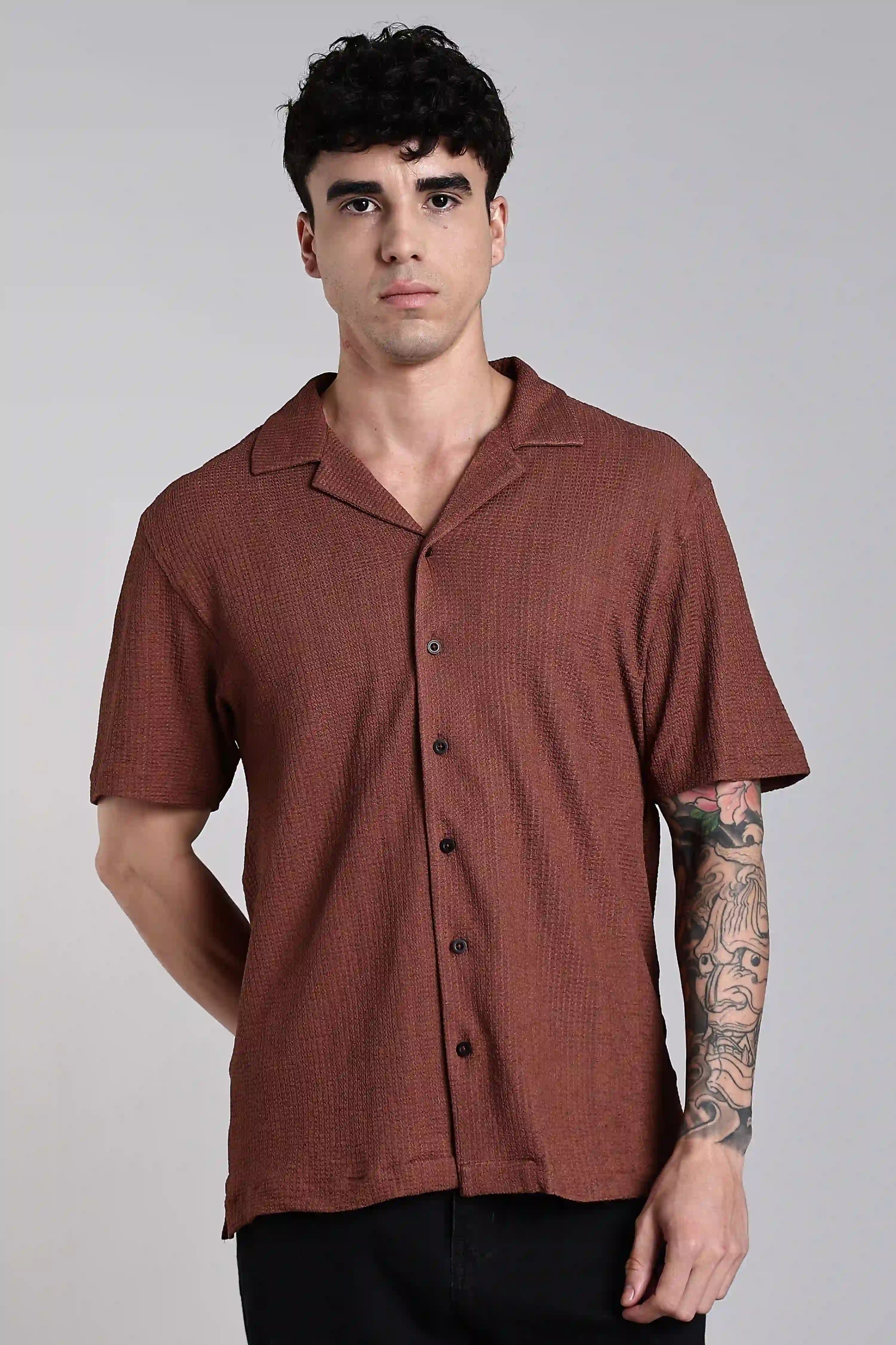 Brown Textured Slim Fit Shirt