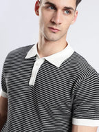 Men's Portofino Striped Jacquard Black & White Polo Vellure