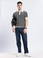 Men's Portofino Striped Jacquard Black & White Polo Vellure