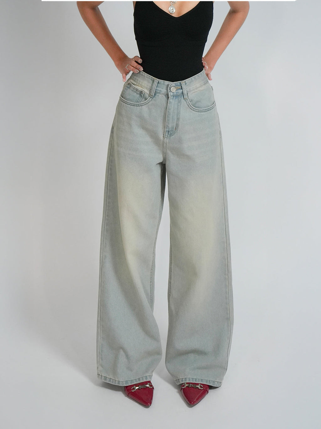 Pale Blue Dirty Wash Wide Leg Jeans Stylish Wodrobe