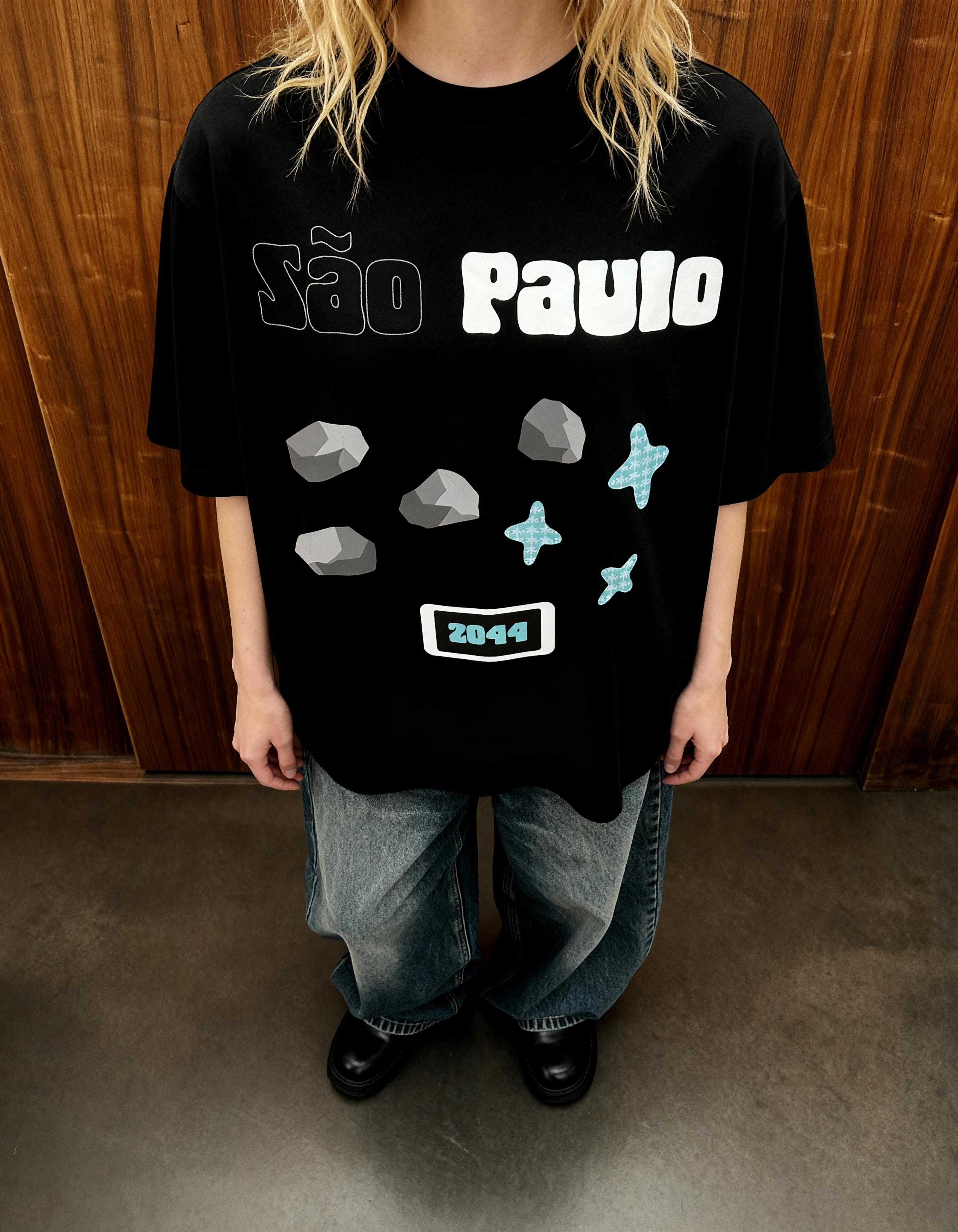 Sao Paulo Printed Black Oversized T-Shirt Main Character