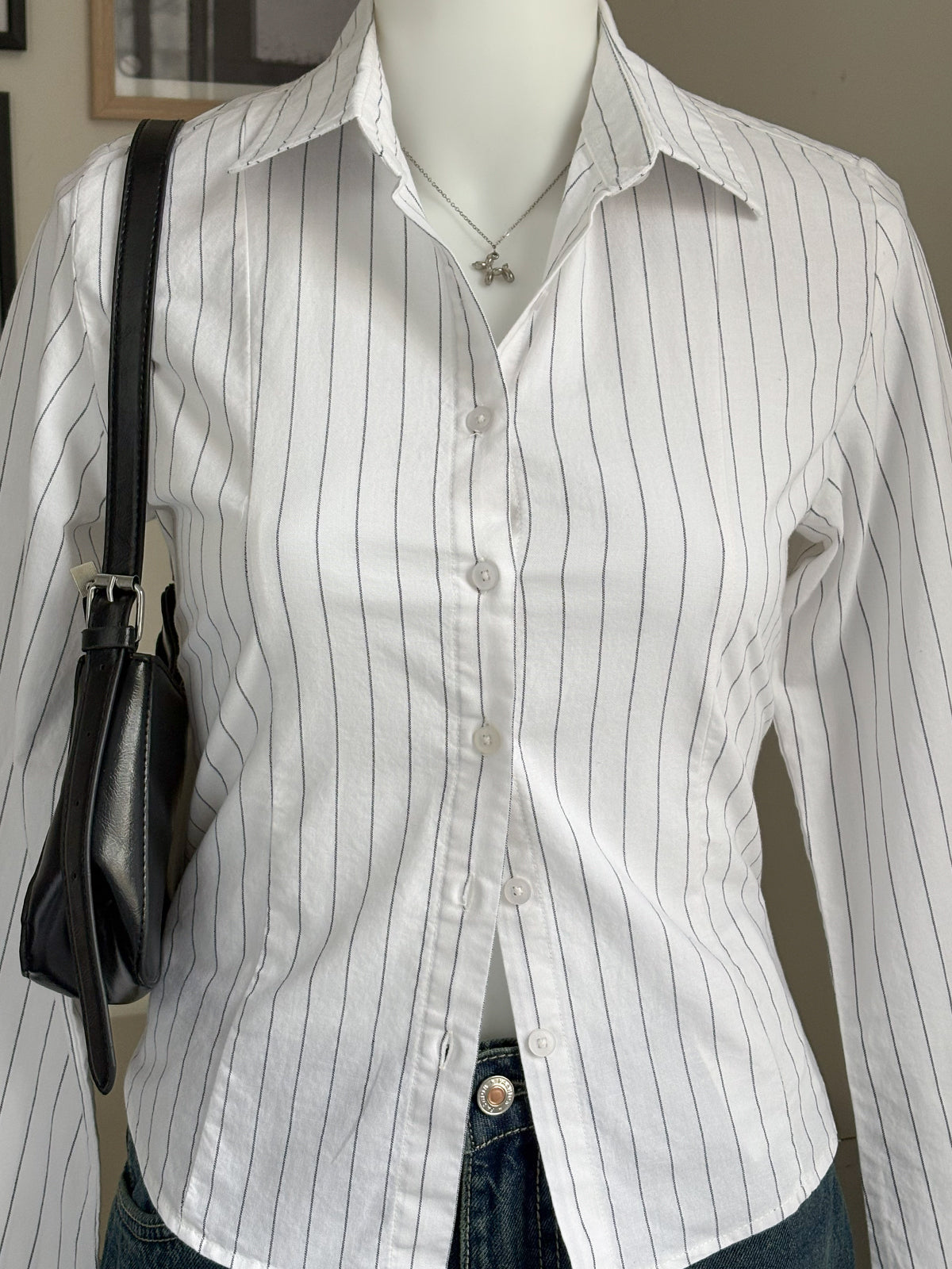 White Striped Flared Sleeve Fitted Shirt