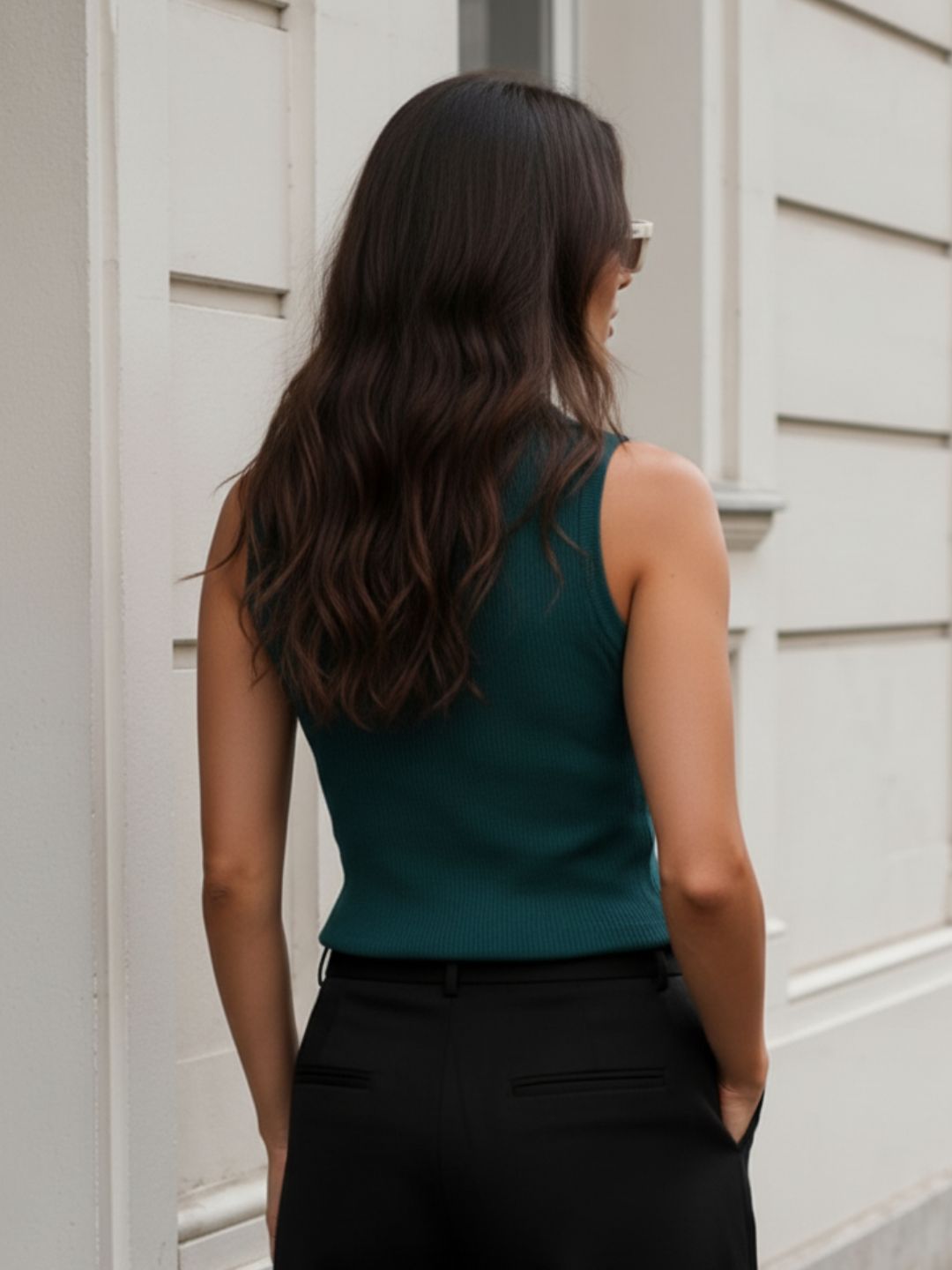 Teal Blue Waffle Self Textured Sleeveless High Neck Top