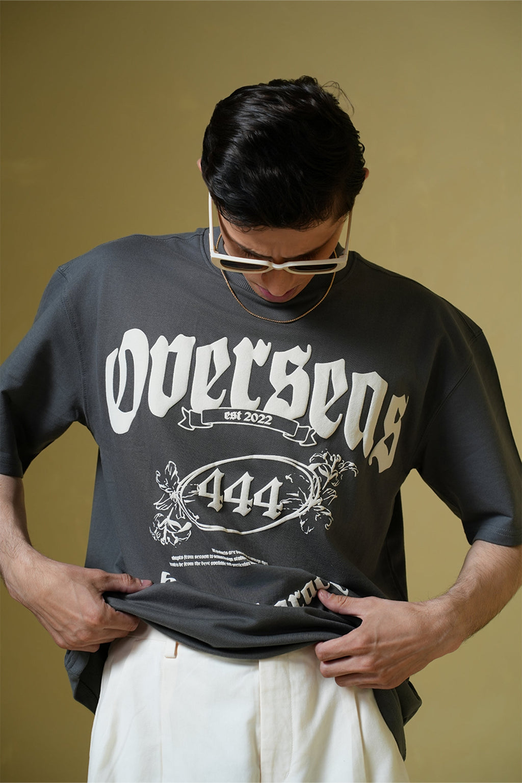 Overseas Printed Smokey Grey Oversized T-Shirt Main Character