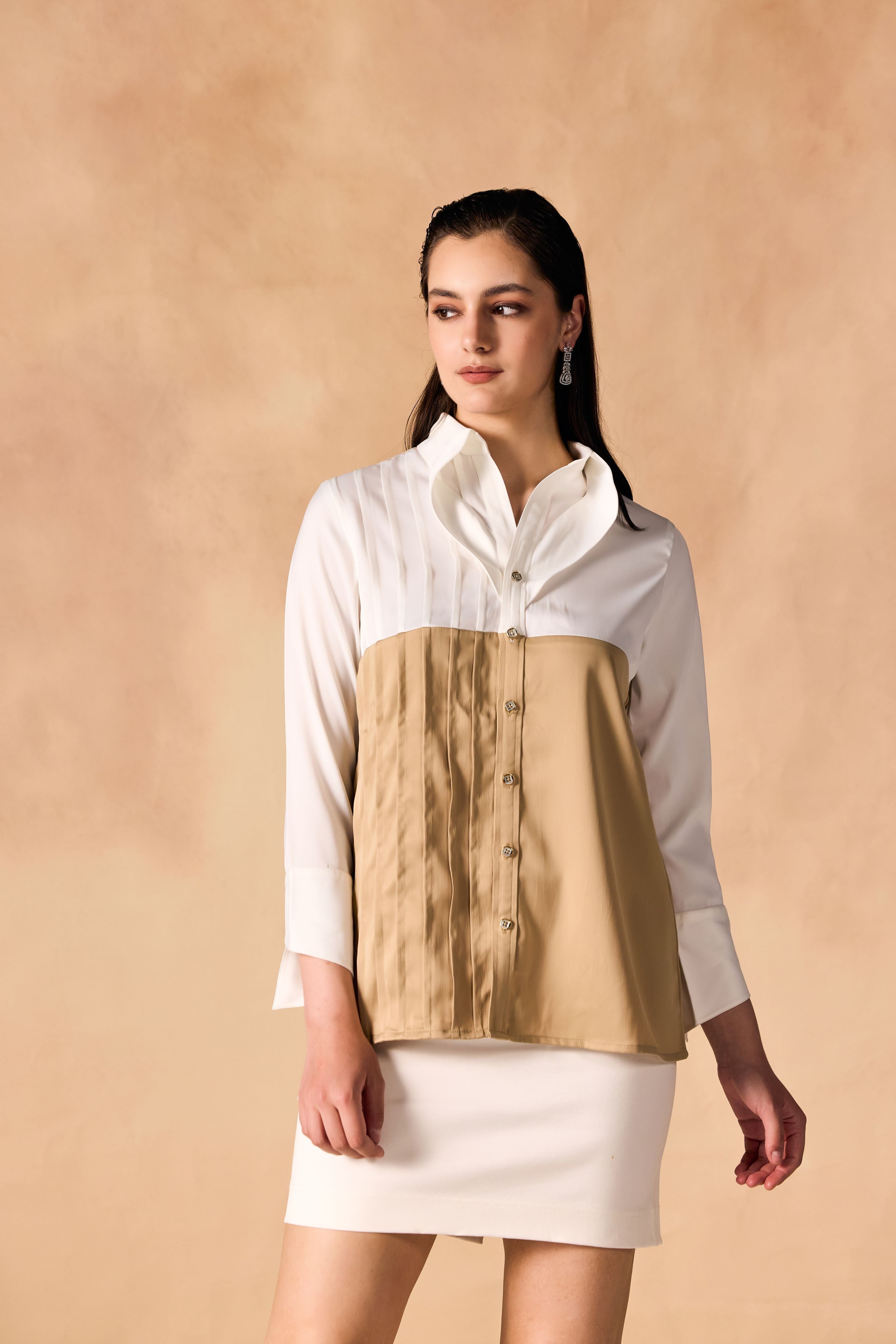 Two Tone Pintuck Pleated Button-up Satin Shirt