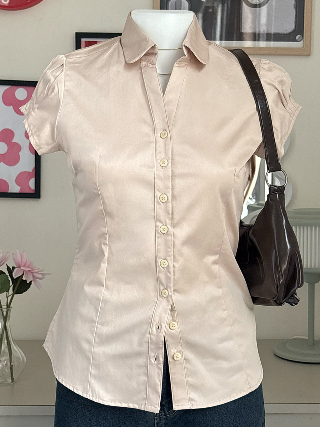 Beige Short Sleeve Y2K Fitted Shirt