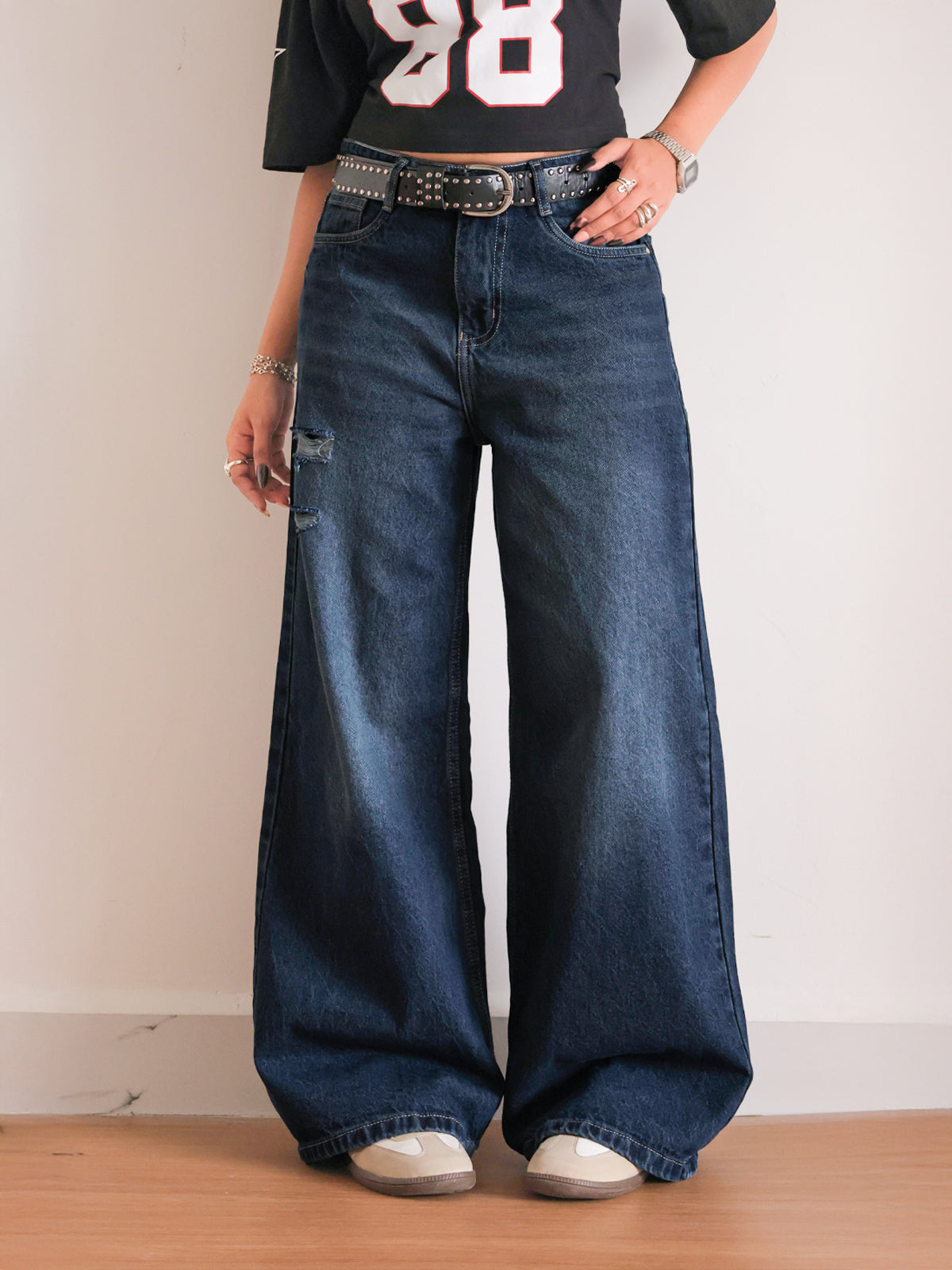 Deep Ocean Blue Ripped Ultra Wide Leg Jeans??