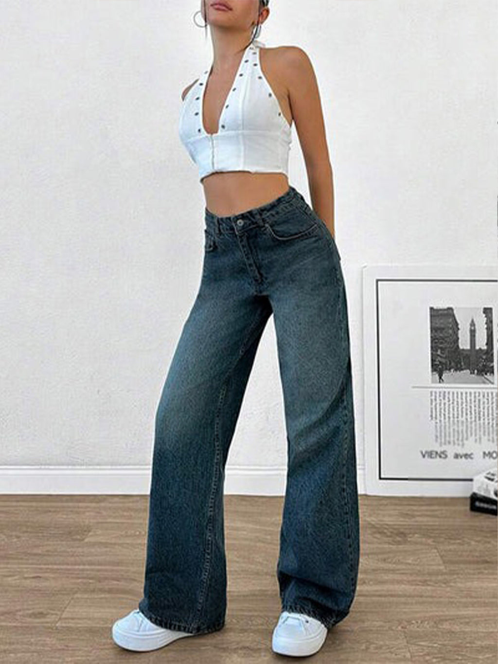 Cyber Blue Tinted Wide Leg Jeans Stylish Wodrobe