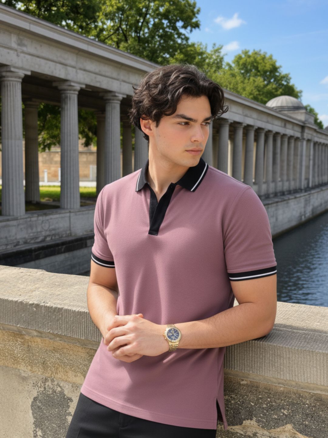 Mauve Terry Contrast Collar Regular Fit Polo T-Shirt