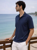 Navy Blue Solid Terry Cut Away Collar Regular Fit Polo T-Shirt