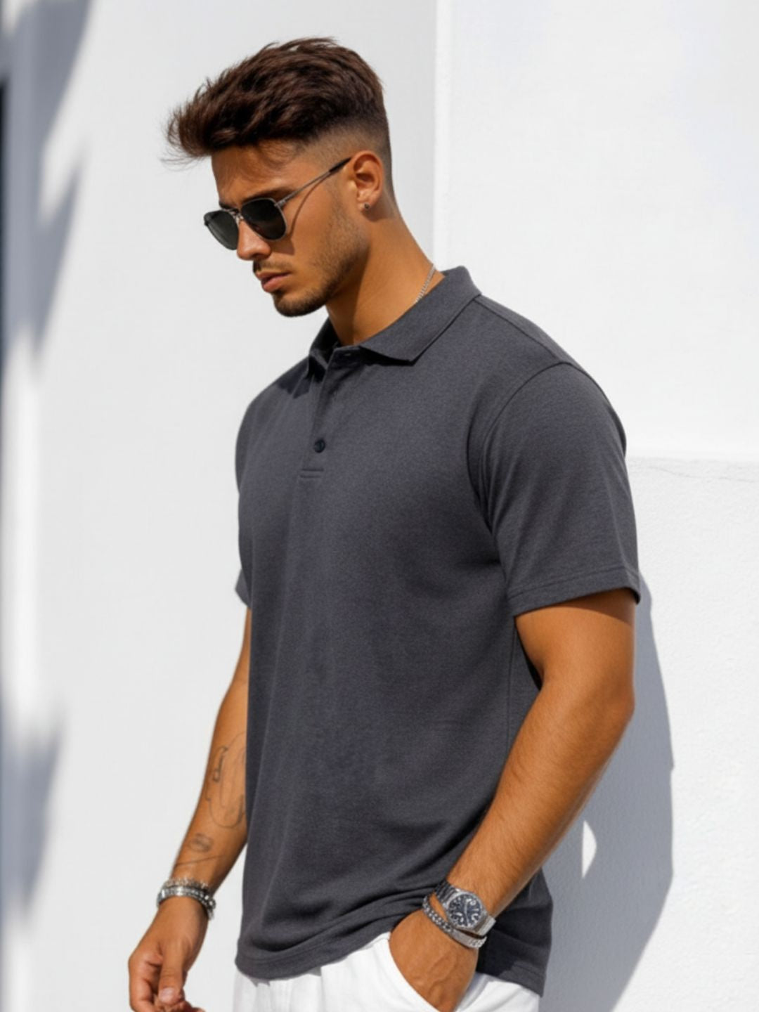 Charcoal Solid Terry Cut Away Collar Regular Fit Polo T-Shirt