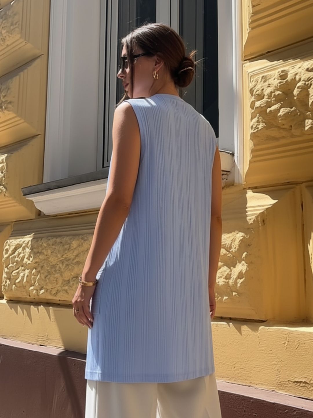 Light Blue Self Textured Drop Needle Sleeveless Shrug