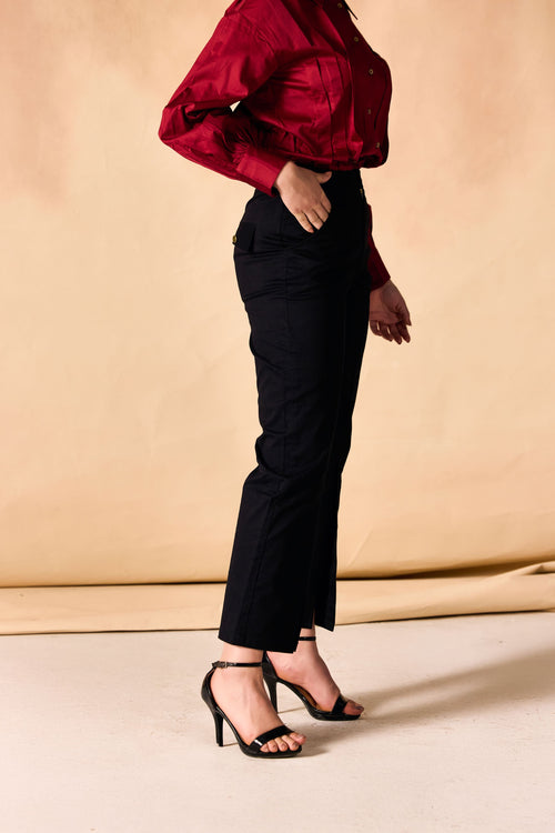 Black Front Slit Hem Straight-Leg Pants