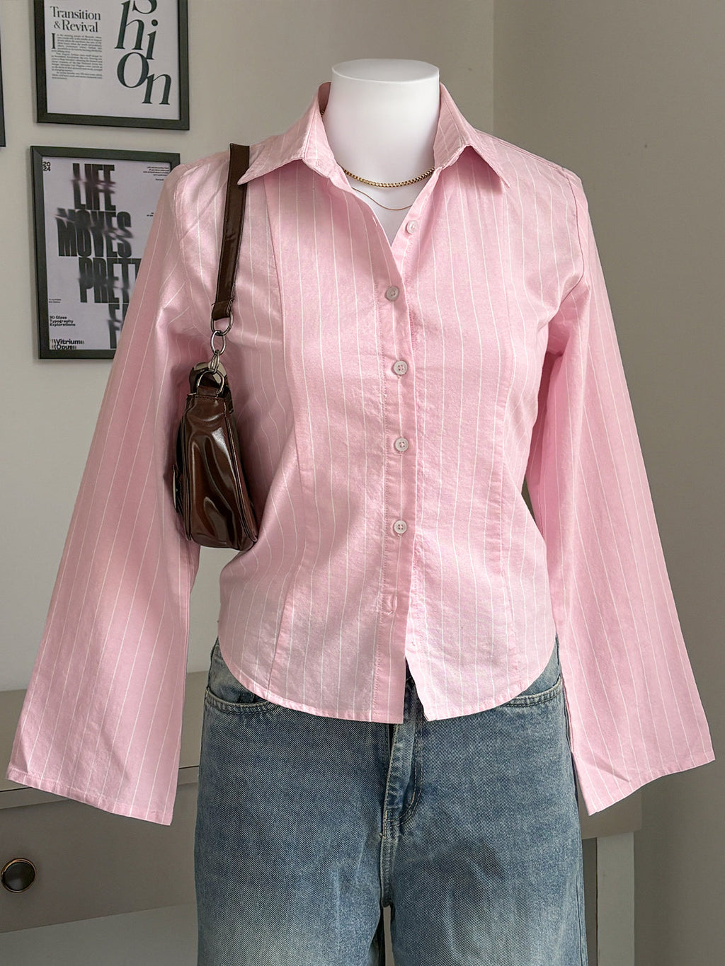 Soft Pink Striped Flared Sleeve Fitted Shirt