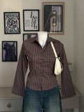 Cocoa Brown Striped Flared Sleeve Fitted Shirt