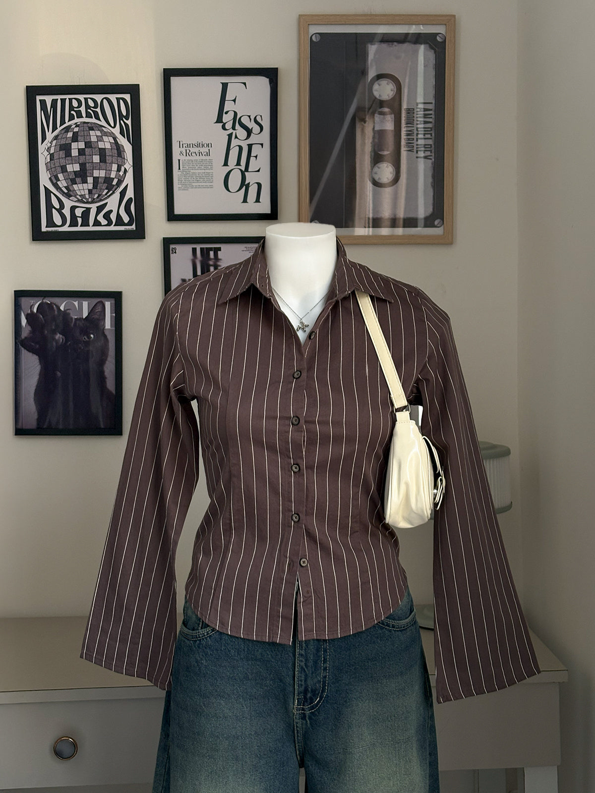 Cocoa Brown Striped Flared Sleeve Fitted Shirt