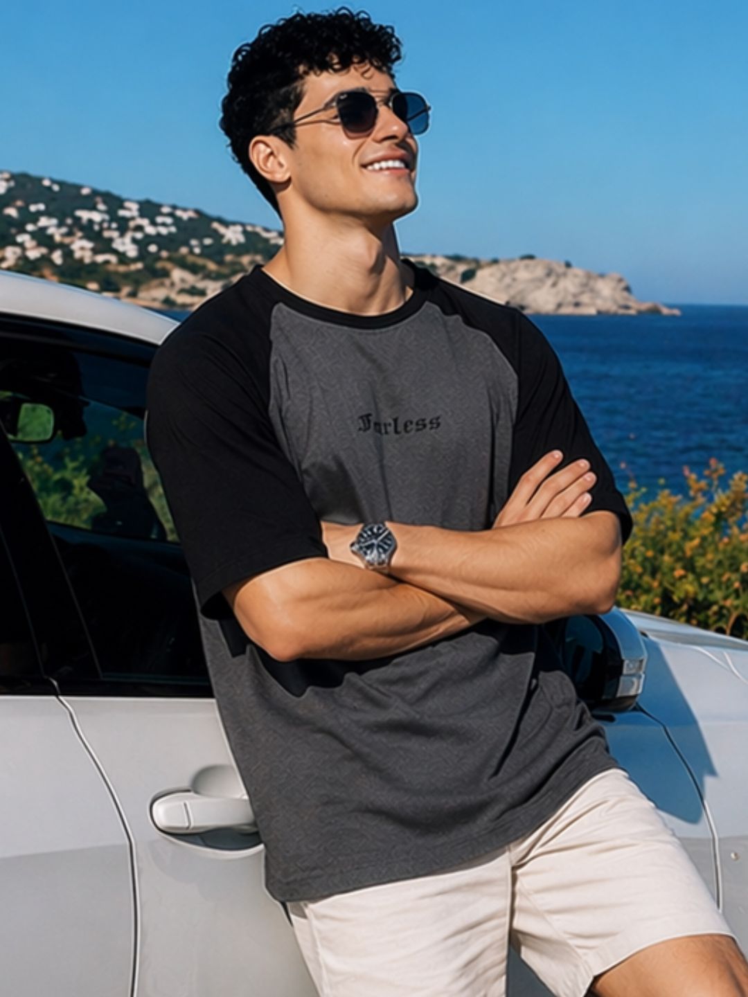 Grey Jersey Colorblock Round Neck Oversized T-Shirt