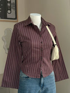 Rose Brown Striped Flared Sleeve Fitted Shirt