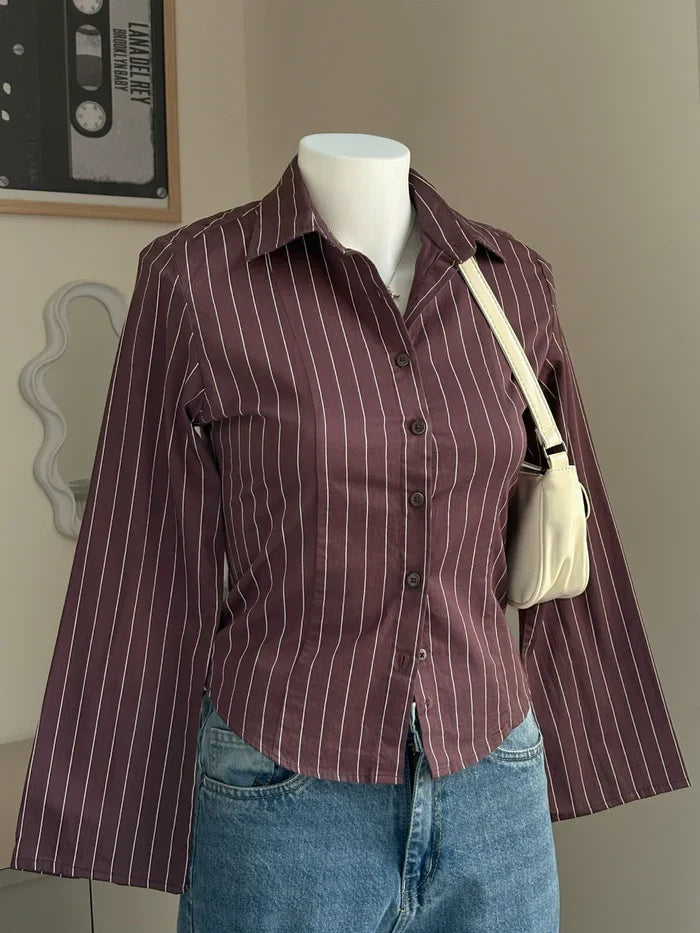 Rose Brown Striped Flared Sleeve Fitted Shirt