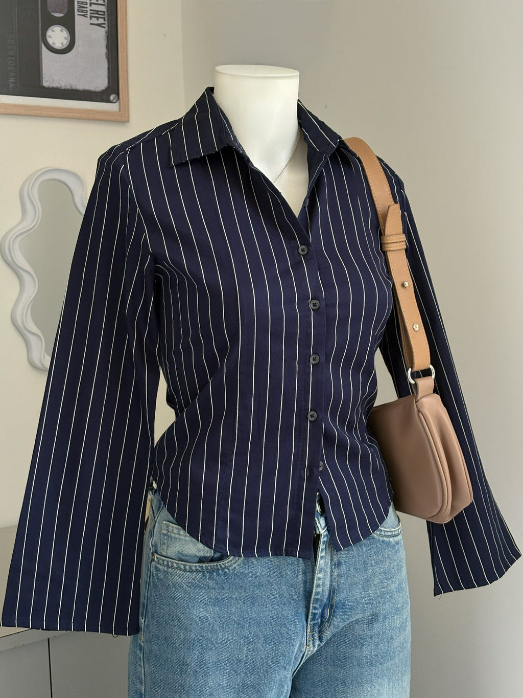 Navy Blue Striped Flared Sleeve Fitted Shirt