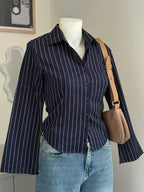 Navy Blue Striped Flared Sleeve Fitted Shirt