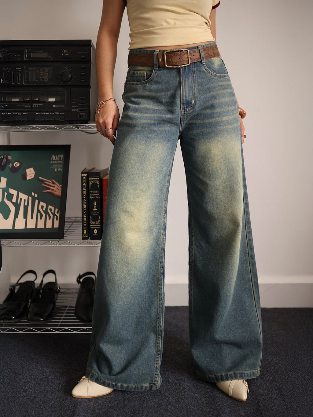 Vintage Drift Blue Tinted Wide Leg Jeans Stylish Wodrobe