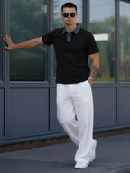 Black Solid Terry Cut Away Collar Polo T-Shirt