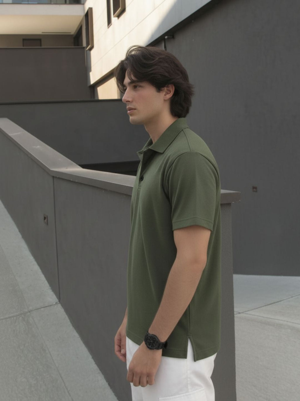 Army Green Solid Terry Cut Away Collar Regular Fit Polo T-Shirt