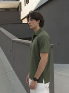 Army Green Solid Terry Cut Away Collar Regular Fit Polo T-Shirt