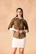 Button-Up Contrast Trim Georgette Sheer Shirt