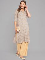 Women Grey Ethnic Motifs Printed Kurta With Piping Krya
